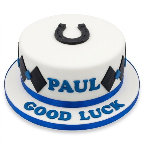 White round cake with black horseshoe, blue argyle pattern, and blue ribbon. Features customisable name and message.