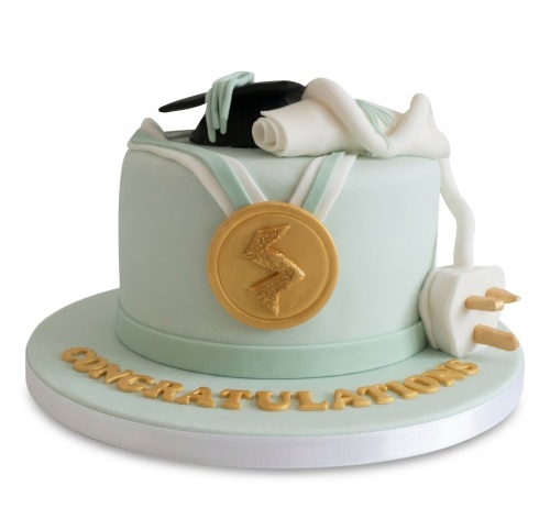 Light blue graduation cake with cap, diploma, gold medal with lightning bolt, electrical plug, and 'CONGRATULATIONS' message.