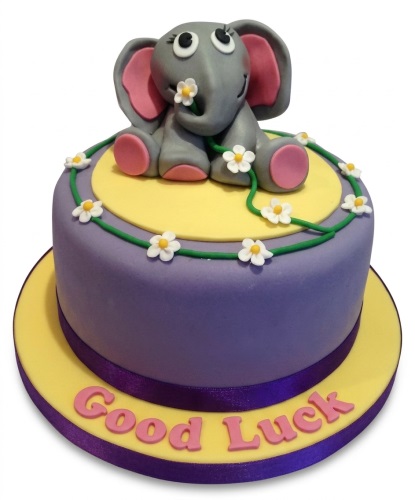 Round purple and yellow cake with a grey fondant elephant topper, white flowers, and a 'Good Luck' message.