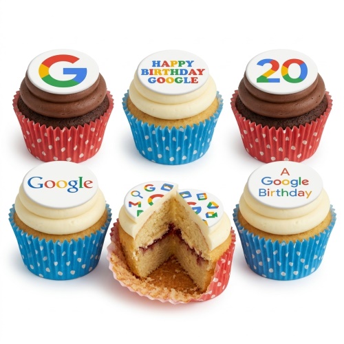 Cupcakes with white frosting and edible toppers featuring Google logo, 'Happy Birthday Google' text, and Google app icons.