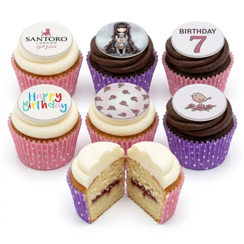 Assortment of Santoro Gorjuss themed birthday cupcakes with doll, rose, bird, and custom age toppers.