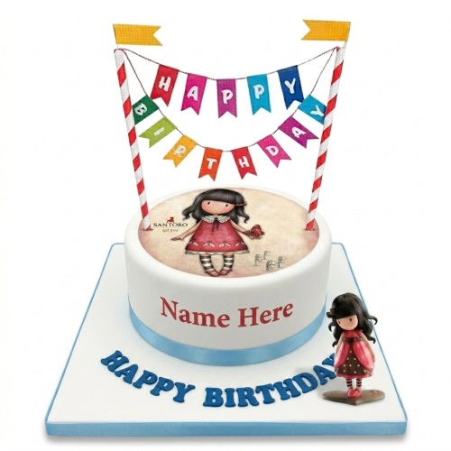 White round Santoro Gorjuss themed birthday cake with a doll image, 'Happy Birthday' banner, and a standing doll figurine.