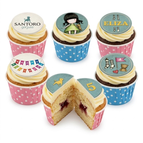 Santoro Gorjuss themed birthday cupcakes with character toppers, custom age, and personalised name.