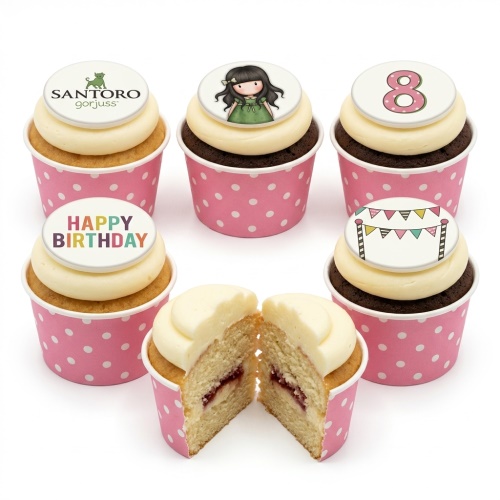 Santoro Gorjuss doll birthday cupcakes with pink polka dot cases, "Happy Birthday" message, and custom age '8' topper.