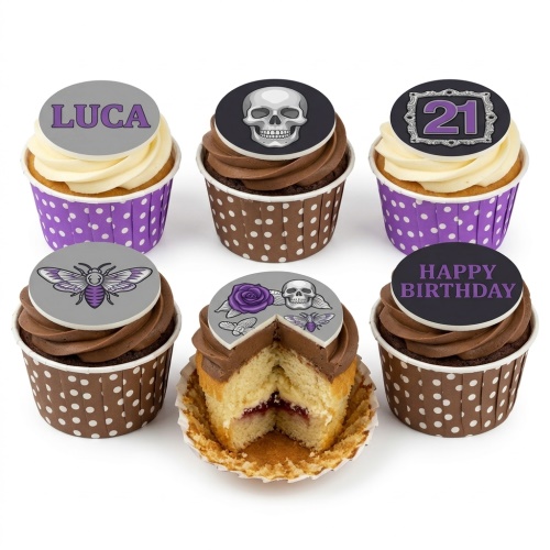 Gothic themed birthday cupcakes with skull, rose, and moth toppers, featuring custom age and name examples.