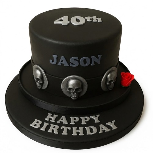 Black top hat cake with silver skull emblems, a red rose, and custom age topper.