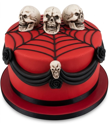 Round red and black gothic-themed birthday cake with three skull toppers, a spiderweb design, and black roses.