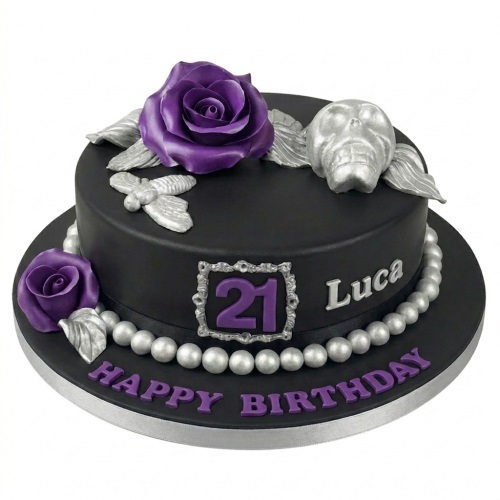 Black birthday cake with purple roses, silver skull, bee, and custom age.