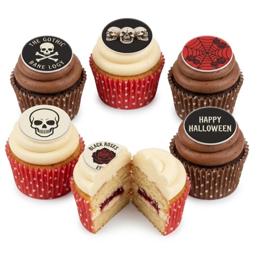 Halloween cupcakes with black and white skull, spiderweb, and black rose toppers on chocolate and vanilla frosting.