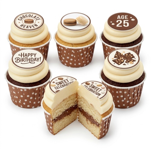 Assortment of chocolate and vanilla cupcakes with cream frosting, topped with macarons, chocolate pieces, and custom age/message toppers.
