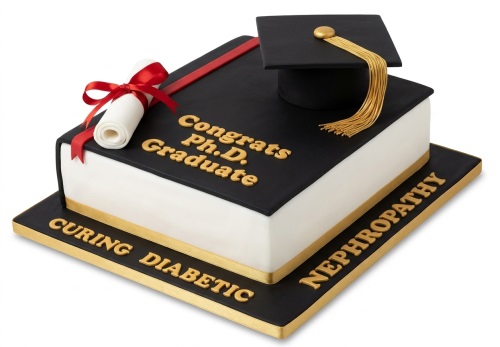 Graduation cake shaped like a black and white book with a cap, tassel, and scroll.