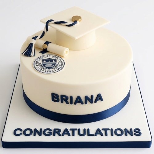 Cream graduation cake with navy blue ribbon, cap, scroll, and university emblem.