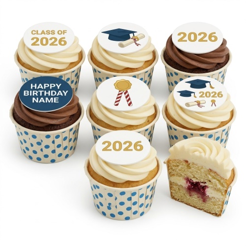 Cupcakes with white and chocolate frosting, topped with edible graduation caps, diplomas, medals, and 'CLASS OF 2026' and '2026' text. One cupcake has a 'HAPPY BIRTHDAY NAME' topper.