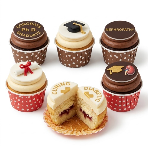Cupcakes with graduation caps, scrolls, Ph.D. Graduate, Nephropathy, kidney, and Curing Diabetic toppers.