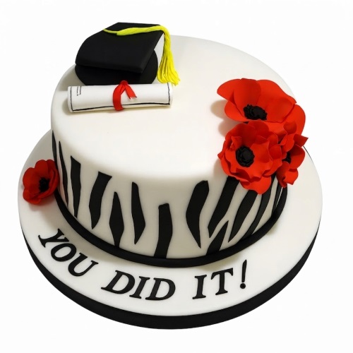 Two-tier graduation cake with cap, diploma, red poppies, and black stripes