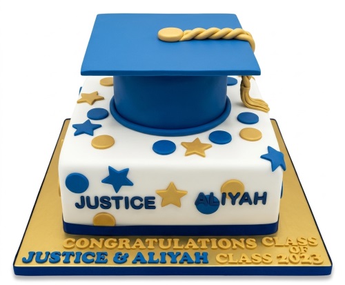 Blue and gold graduation cake with a cap topper, stars, and custom names for a celebration.