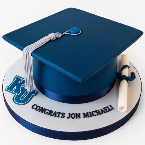 A round single-tier graduation cake topped with a blue edible graduation cap and white tassel, alongside a rolled diploma with a blue ribbon. The cake base has a blue university logo and a custom message.