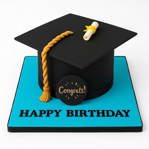 Black graduation cap cake with gold tassel, diploma, and "Congrats!" disc on a blue board with "Happy Birthday" text.