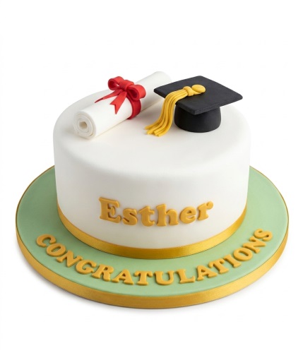 White round graduation cake with black cap, yellow tassel, diploma, and gold 'Esther' and 'Congratulations' text.