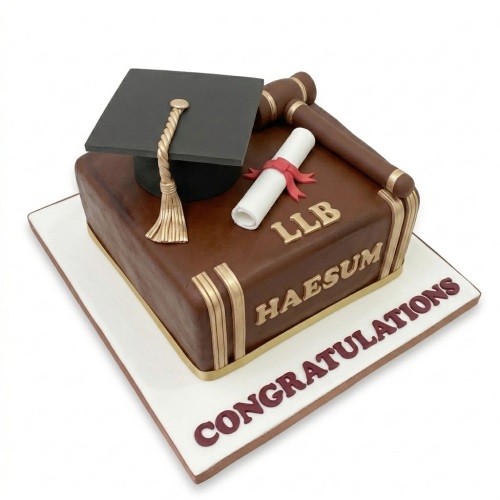 Square brown graduation cake shaped like a book, with a black cap, gold tassel, diploma, and gavels.