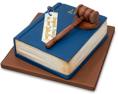 Blue law book cake with a brown gavel and a personalised bookmark for a legal celebration.