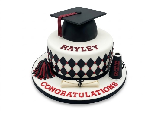 White, black, and red graduation cake with a cap, diploma, and megaphone. Features a diamond pattern.