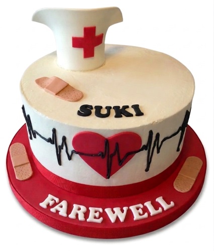 Round white cake with a 3D nurse's cap, red cross, plasters, red heart, and black heartbeat line. Features a custom name and 'Farewell' message.