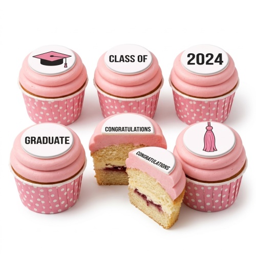 Pink graduation cupcakes with edible toppers featuring a graduation cap, tassel, and 'Class of 2024', 'Graduate', 'Congratulations' messages.