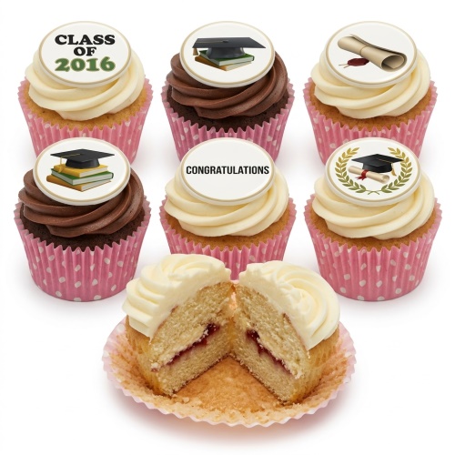 Graduation cupcakes with white and chocolate frosting, topped with graduation caps, scrolls, and custom year.