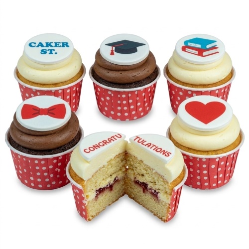 A set of celebration cupcakes with white and chocolate frosting, red polka dot wrappers, and toppers including a graduation cap, books, a bow tie, a heart, and 'Congratulations' text.