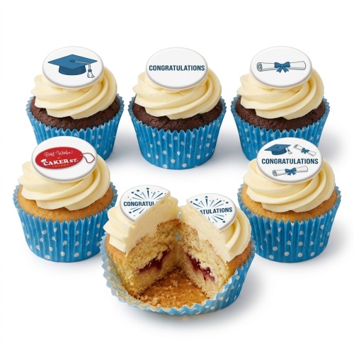 Six cupcakes with white frosting and blue polka dot cases, topped with graduation caps, diplomas, and 'CONGRATULATIONS' messages.