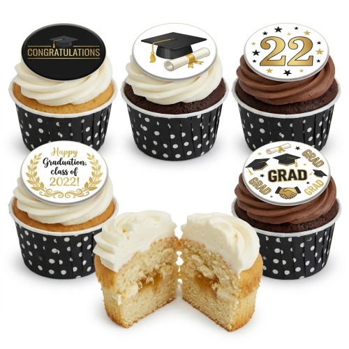 Graduation cupcakes with black, white, and gold toppers featuring graduation caps, scrolls, and congratulatory messages.