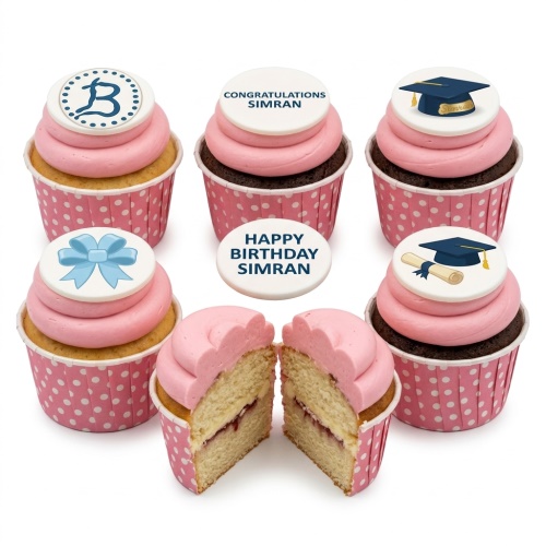 Pink graduation cupcakes with blue cap, bow, and 'Congratulations' message
