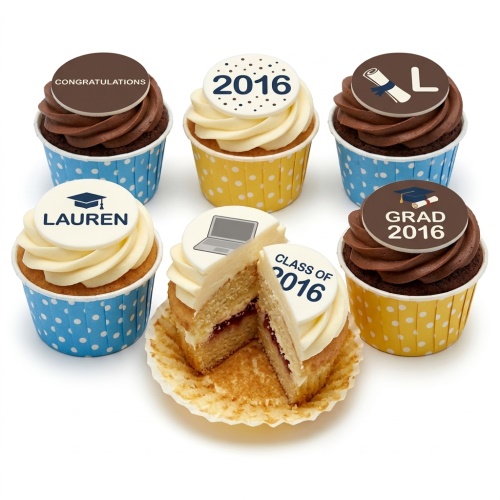Six graduation themed cupcakes with chocolate and vanilla frosting, custom year and name toppers.