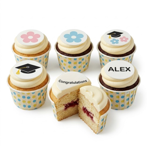 Vanilla and chocolate cupcakes with graduation cap and floral edible toppers, featuring custom message and name examples.