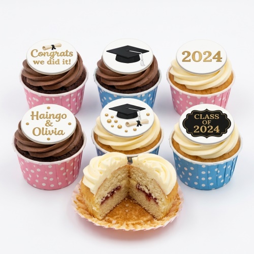 Graduation cupcakes with edible caps, diplomas, and custom messages on chocolate and vanilla frosting.