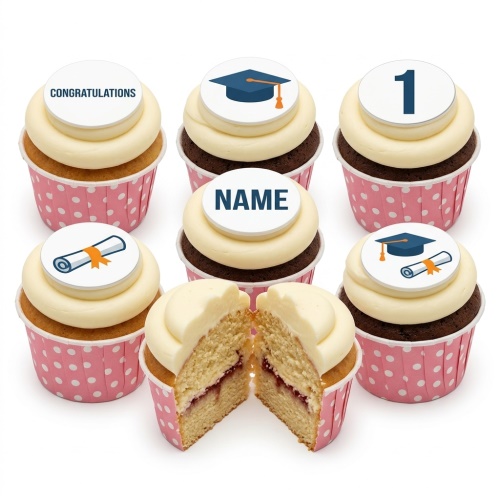 Graduation cupcakes with white frosting, dark blue graduation caps, diplomas, and custom message toppers.