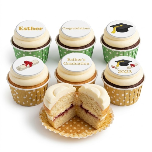 A selection of graduation themed cupcakes with white frosting, some with chocolate and some with vanilla sponge. Toppers include graduation caps, diplomas, and custom messages.