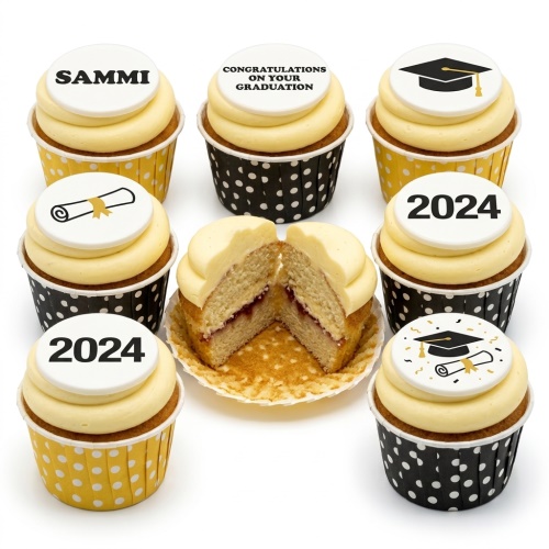 Graduation cupcakes with custom year, name, and cap/diploma toppers in yellow and black polka dot wrappers.