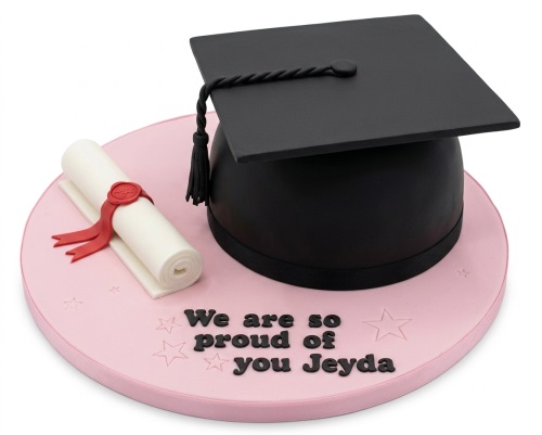 Graduation cake with black mortarboard, white diploma with red seal, and pink cake board with stars.