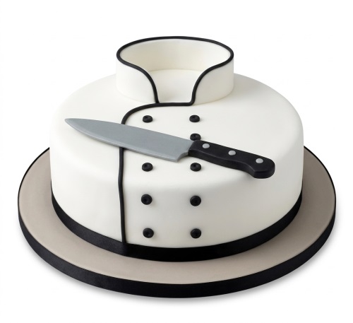 Round white cake decorated as a chef's jacket with black buttons and a grey knife.