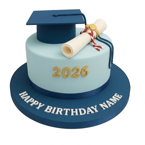 Round light blue graduation cake with a dark blue board, topped with a graduation cap, diploma, custom year, and personalised birthday message.