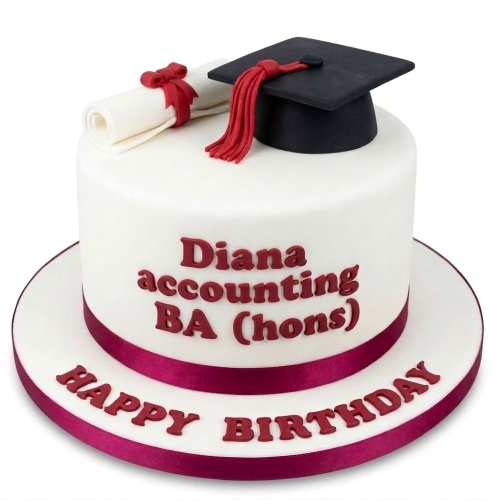White single-tier cake with a black graduation cap, red tassel, and white diploma scroll on top, with maroon ribbon and text.