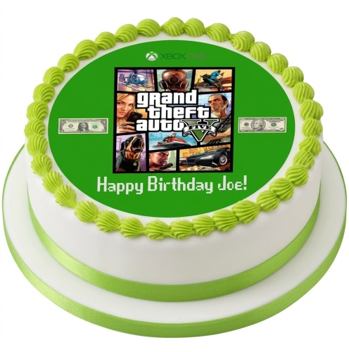 Two-tier white and green Grand Theft Auto V themed birthday cake with Xbox One logo and dollar bills.