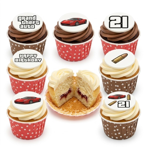 Grand Theft Auto themed cupcakes with gaming logo, red sports cars, bullet, and custom age topper.