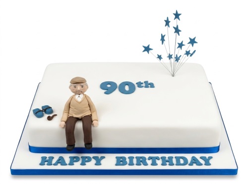 White square 90th birthday cake with a grandad figurine, blue stars, pipe, and glasses.