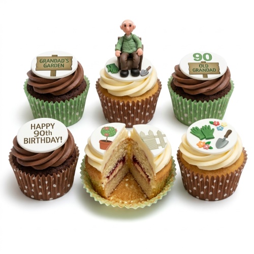 A set of six Grandad's 90th Birthday Gardening Cupcakes with edible toppers including an old man figurine, gardening tools, and '90 Old Grandad' signs.