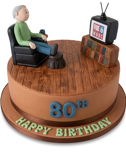Round birthday cake with a fondant scene of a man relaxing in an armchair, with a TV, bookshelf, and wood-effect top.
