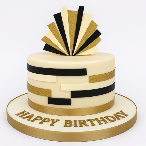 Elegant Art Deco birthday cake with black, gold, and cream geometric patterns and fan topper.