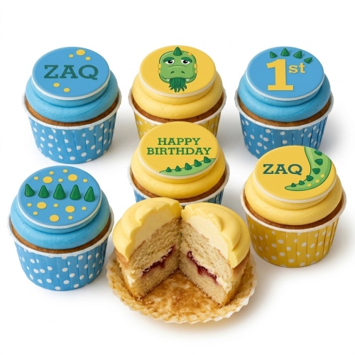 Dinosaur themed birthday cupcakes with blue and yellow frosting, featuring a dinosaur face, custom age topper, and personalised name example.